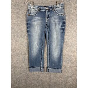 Angels Girls Denim Capri‎ Pants Blue Embroidered Stitch Detail Size 11
